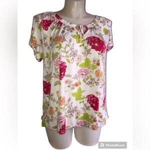 Old Navy Peasant Blouse Top Shirt Size 2X Cream Pink Green Flowers Short Sleeves